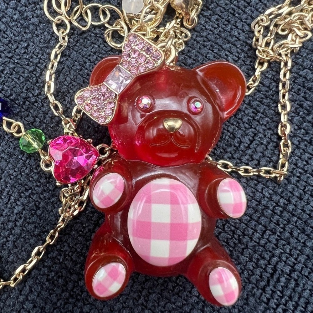 Betsey Johnson Gummy Bear Pendant Necklace Pink Gingham 32"